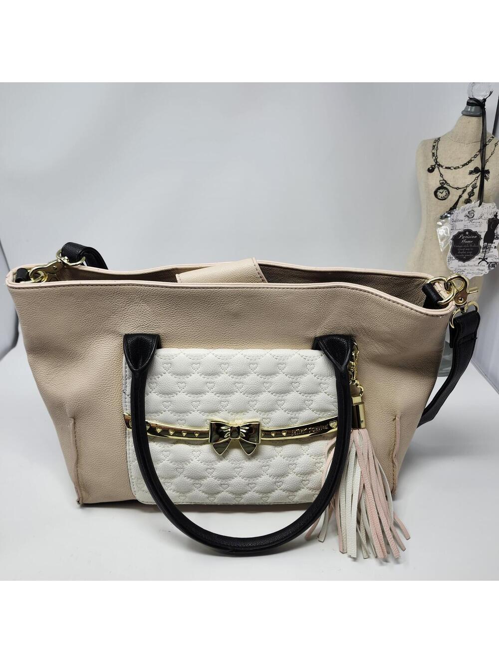 Vintage Betsey Johnson Bow Tote Bag Tassel Crossbody Pink Cream Black